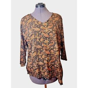 Shyla Paisley Print Tunic Top | Boho Blouse | Black & Rust Floral | Size L